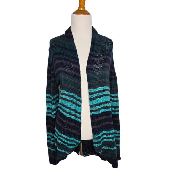 Wooden Ships Open Knit Cardigan Open front Striped Blue Lightweight Women M/L - Picture 1 of 11